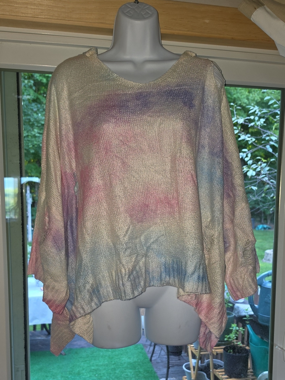 POL Pastel Tie-Dye Scoop Neck Distressed Sweater in Cream, Pink & Blue